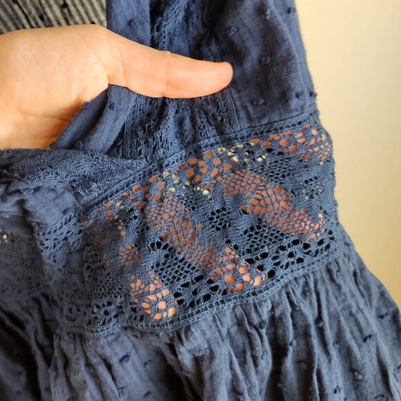 Lulus Navy Blue Swiss Dot Ruffle Lace Trim Short Sleeve Mini Dress sz S - Picture 8 of 11